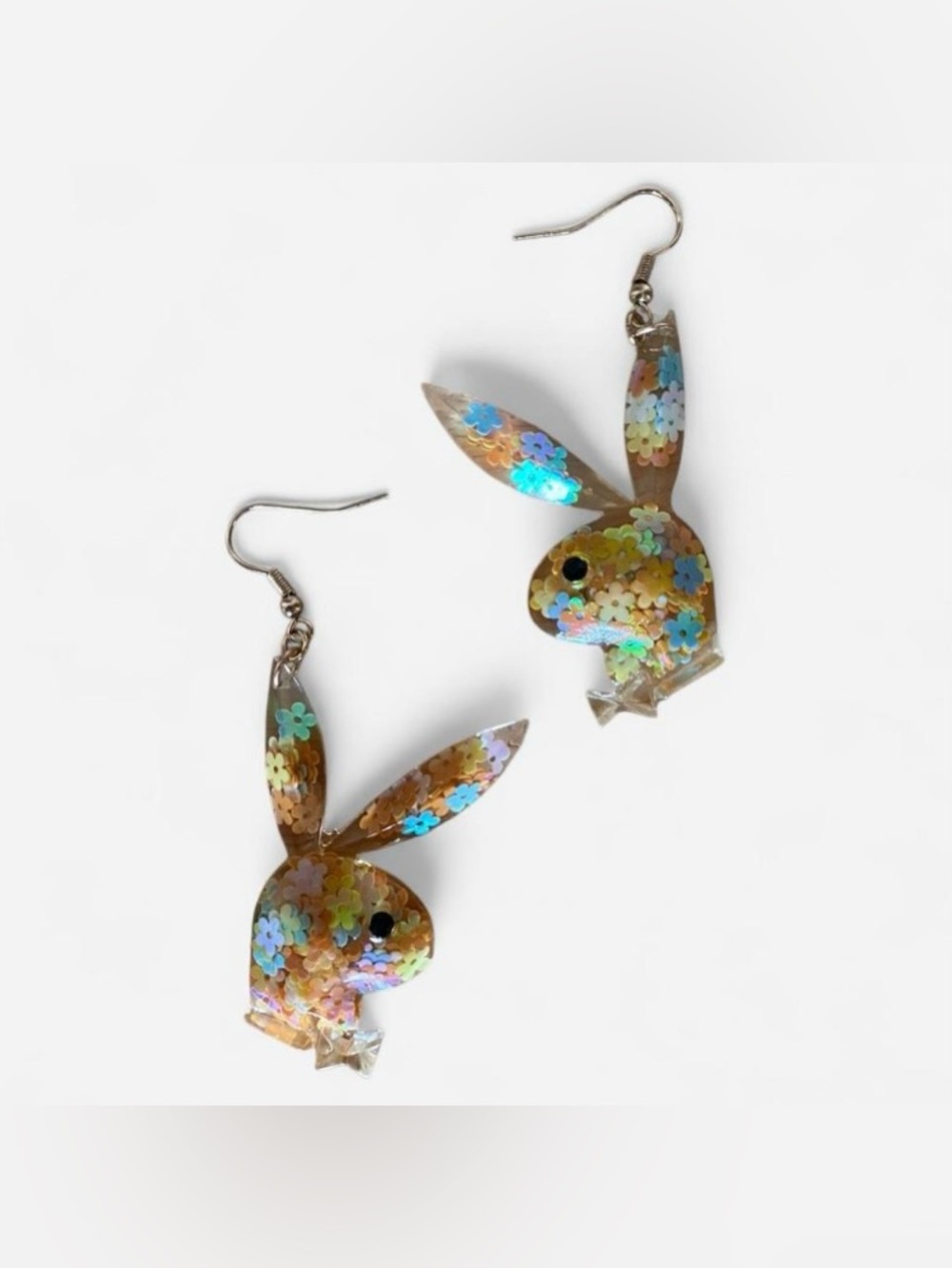 NWOT Playboy Bunny Resin Art Earrings with Multicolor Floral Sequins